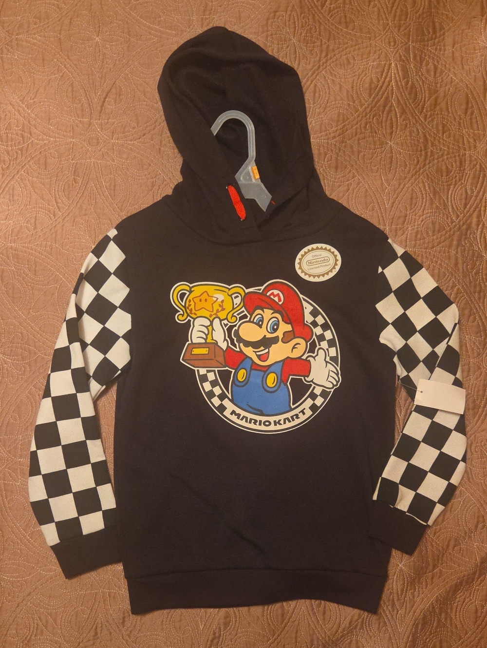 Mario Kart Boys' Black Hoodie with Checkered Sleeves